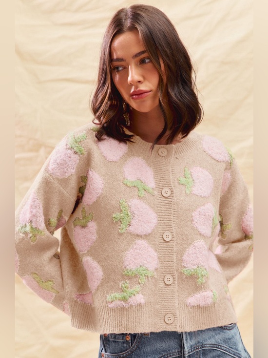 So Me Sweaters - SO ME Strawberry Fruit All Over Button Sweater Cardigan